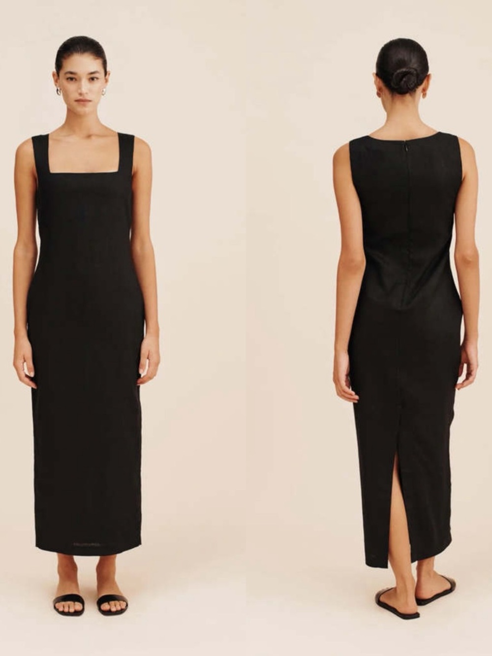 Posse Alice 100% Linen Black Square-Neck Maxi Dress Sz L NWT